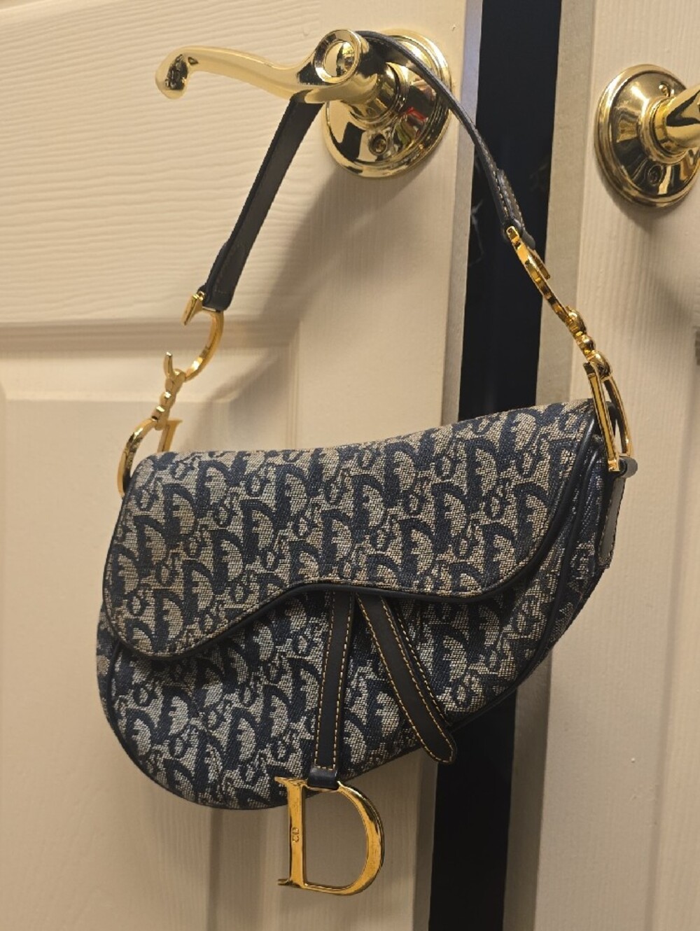 Dior Blue and Cream Saddle Shoulder Bag with Gold Hardware - Picture 12 of 17